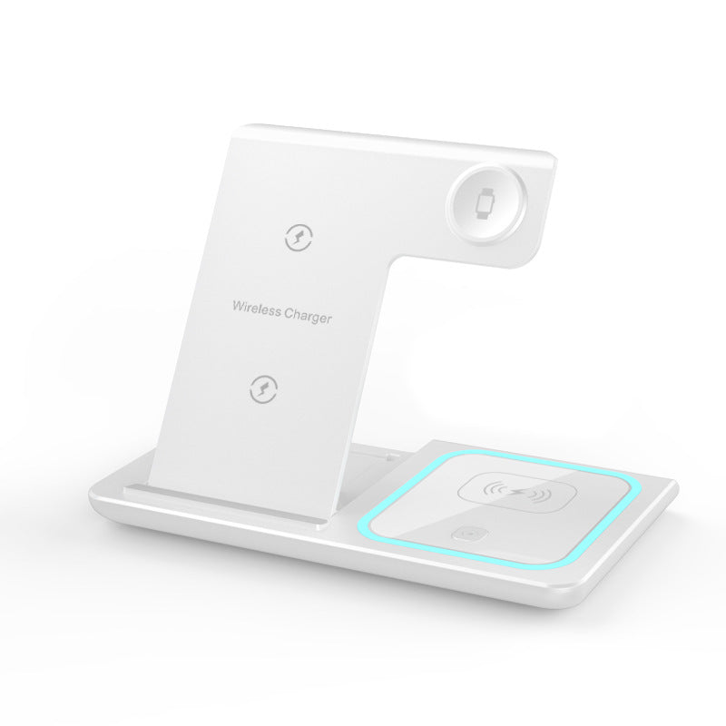Cargador inalámbrico plegable tres en uno con luz ambiental de doble cable para teléfono móvil, reloj y auriculares