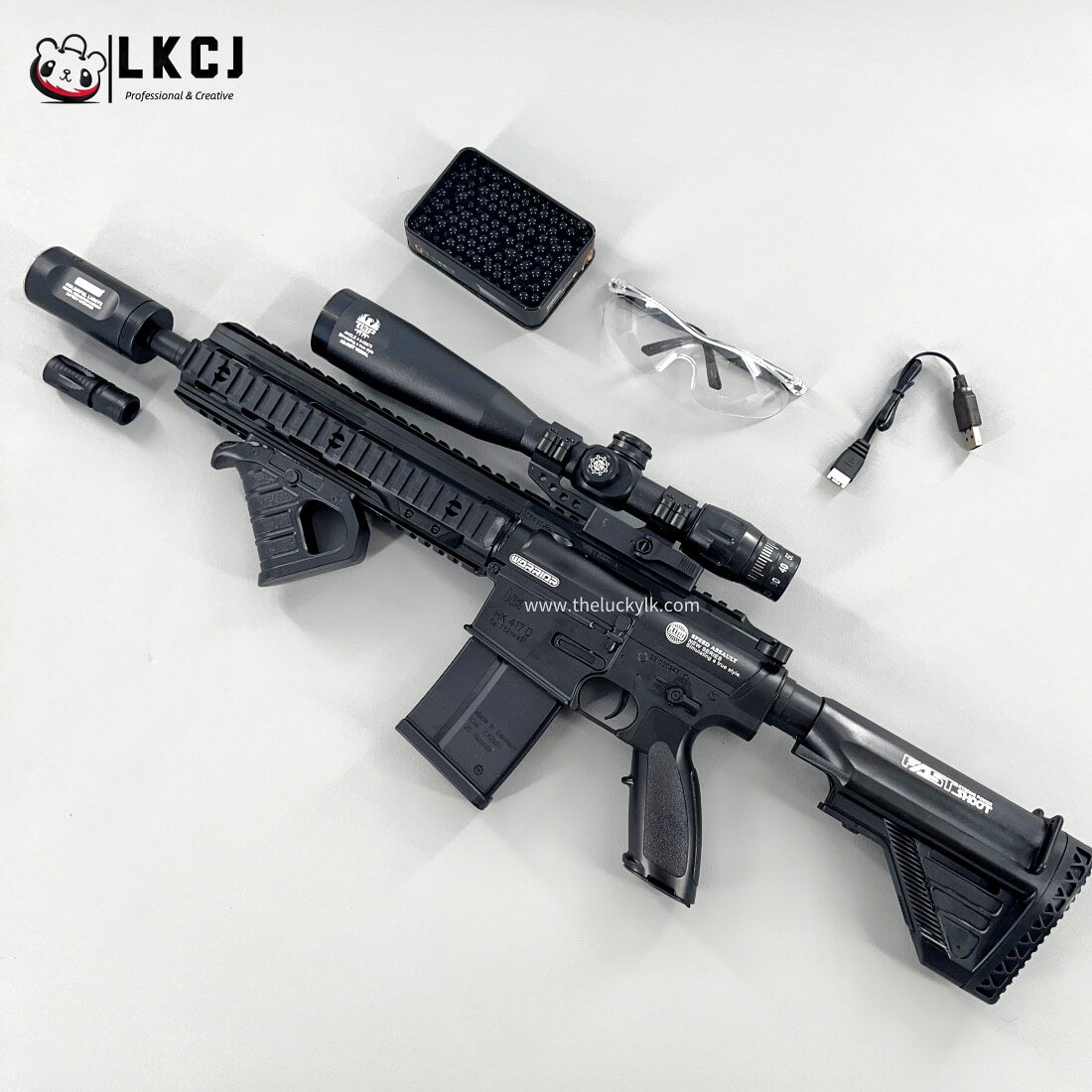 Exquisite Engraving HK417 Gel Blaster High Rate of Fire Smooth Shooting With 7 Colors of Lighted Silencer