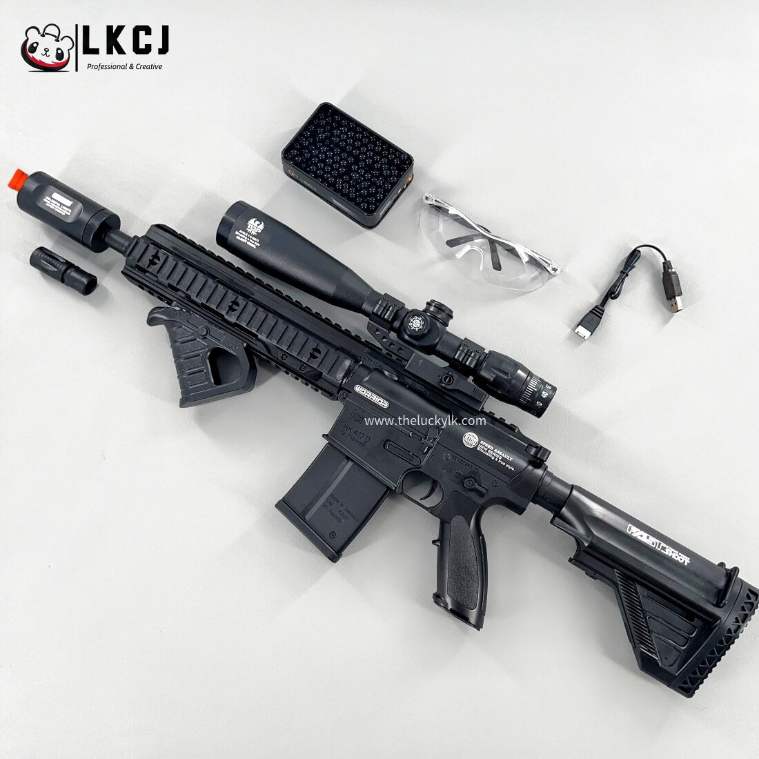 Exquisite Engraving HK417 Gel Blaster High Rate of Fire Smooth Shooting With 7 Colors of Lighted Silencer