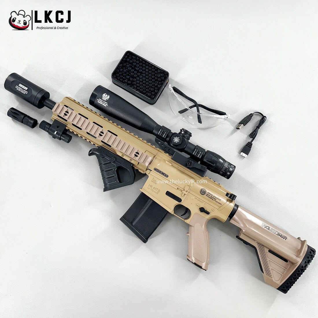 Exquisite Engraving HK417 Gel Blaster High Rate of Fire Smooth Shooting With 7 Colors of Lighted Silencer
