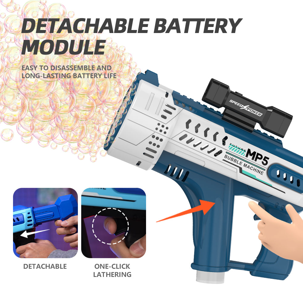 Pistola de burbujas eléctrica con 57 agujeros, juguete de burbujas automático portátil MP5 Gatling, luces LED incluidas
