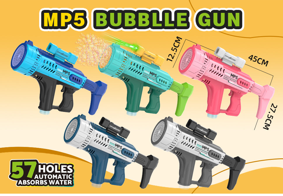 Pistola de burbujas eléctrica con 57 agujeros, juguete de burbujas automático portátil MP5 Gatling, luces LED incluidas
