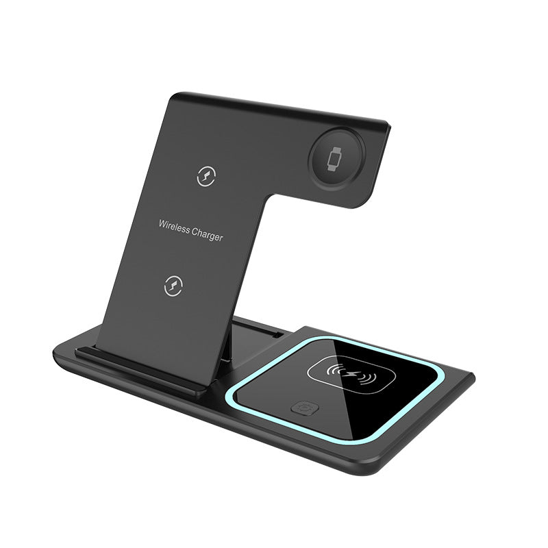Cargador inalámbrico plegable tres en uno con luz ambiental de doble cable para teléfono móvil, reloj y auriculares