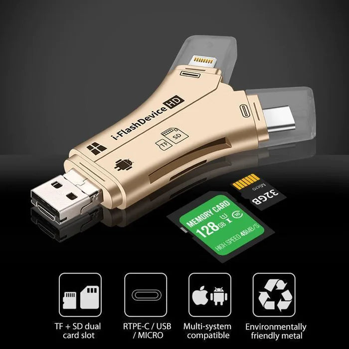 Lector de tarjetas de memoria portátil 4 en 1 para teléfonos