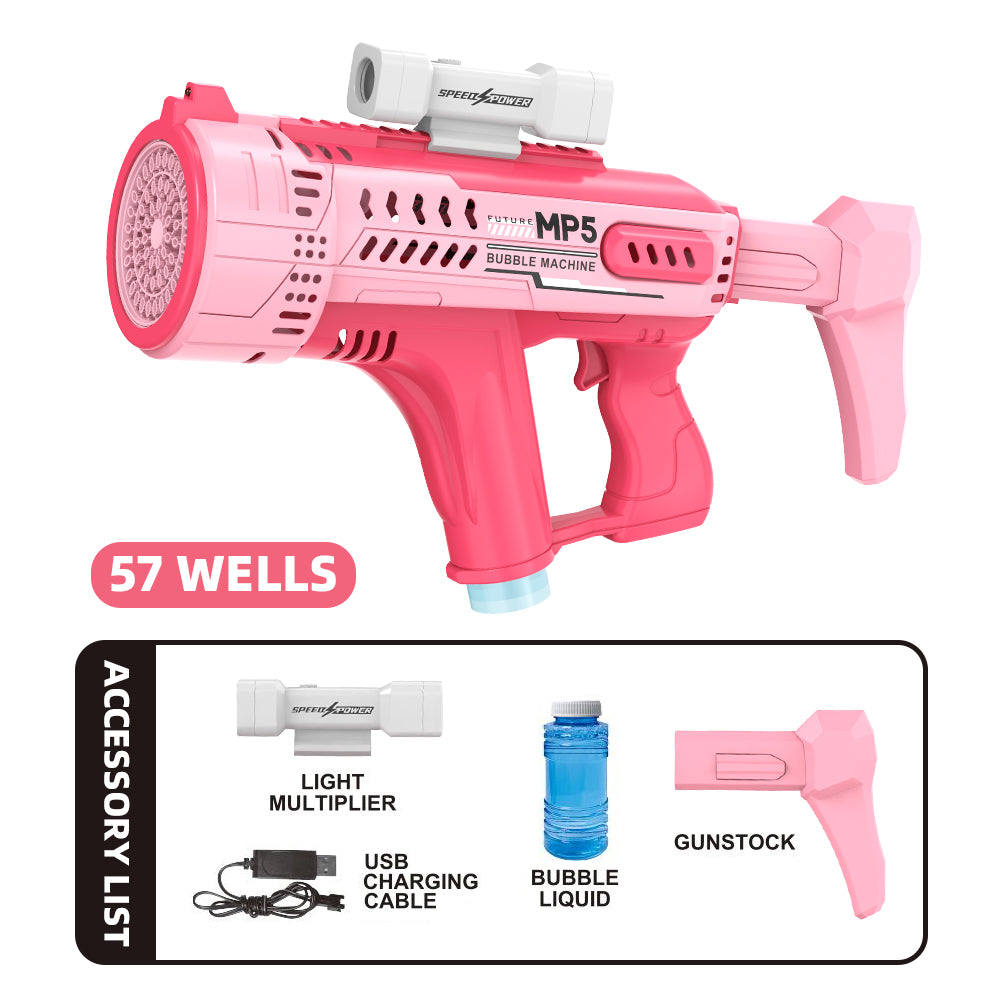 Pistola de burbujas eléctrica con 57 agujeros, juguete de burbujas automático portátil MP5 Gatling, luces LED incluidas
