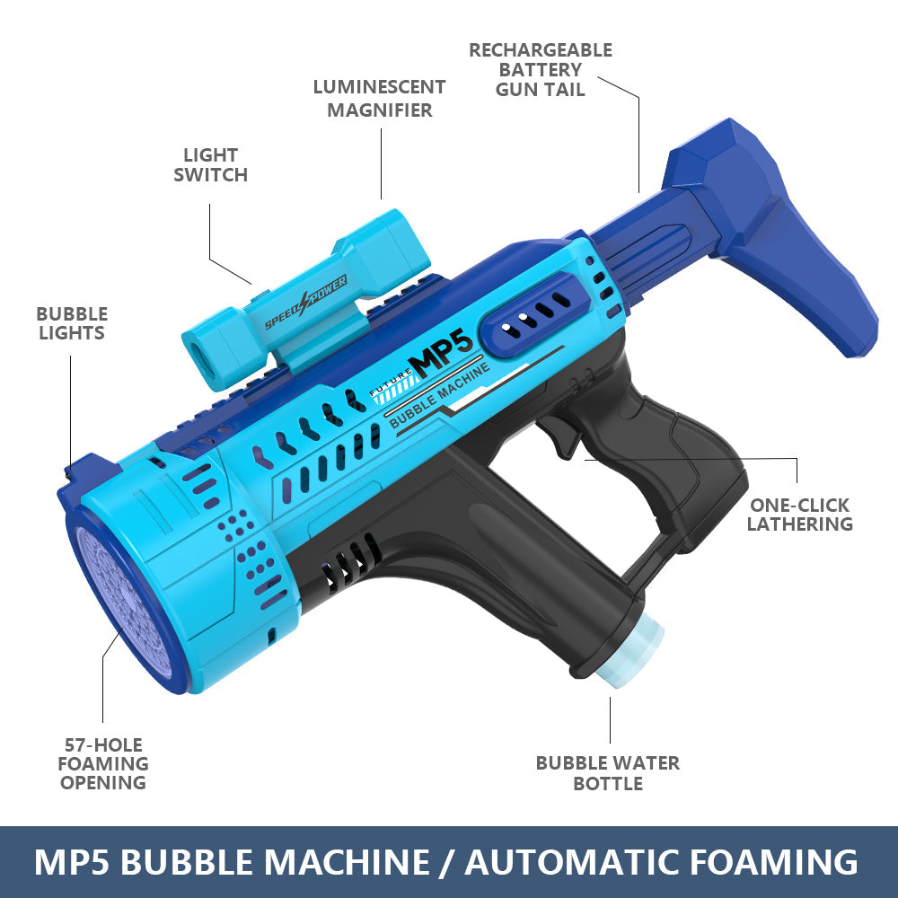 Pistola de burbujas eléctrica con 57 agujeros, juguete de burbujas automático portátil MP5 Gatling, luces LED incluidas