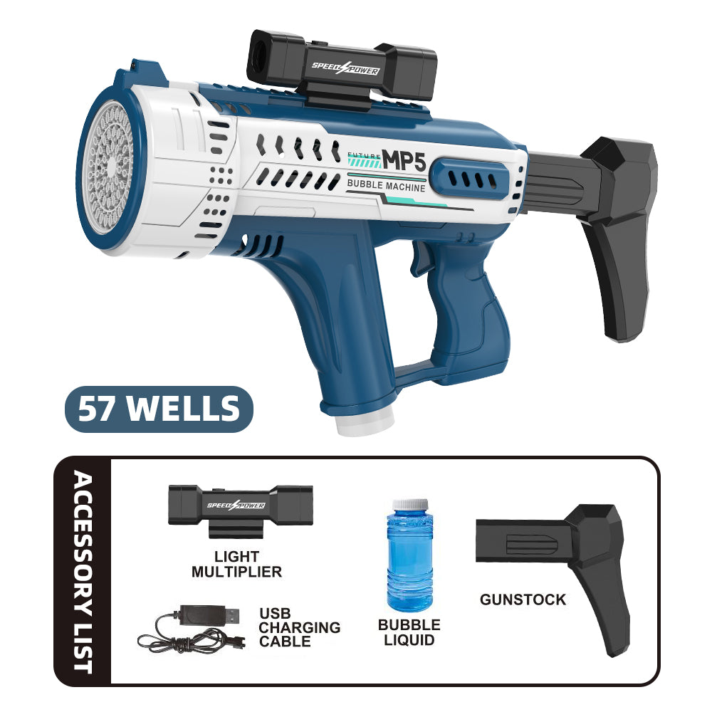 Pistola de burbujas eléctrica con 57 agujeros, juguete de burbujas automático portátil MP5 Gatling, luces LED incluidas