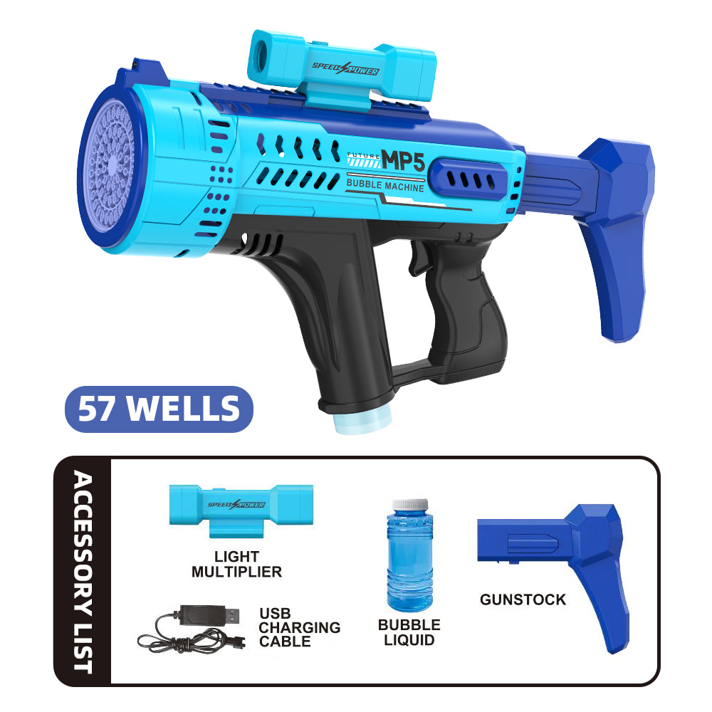 Pistola de burbujas eléctrica con 57 agujeros, juguete de burbujas automático portátil MP5 Gatling, luces LED incluidas