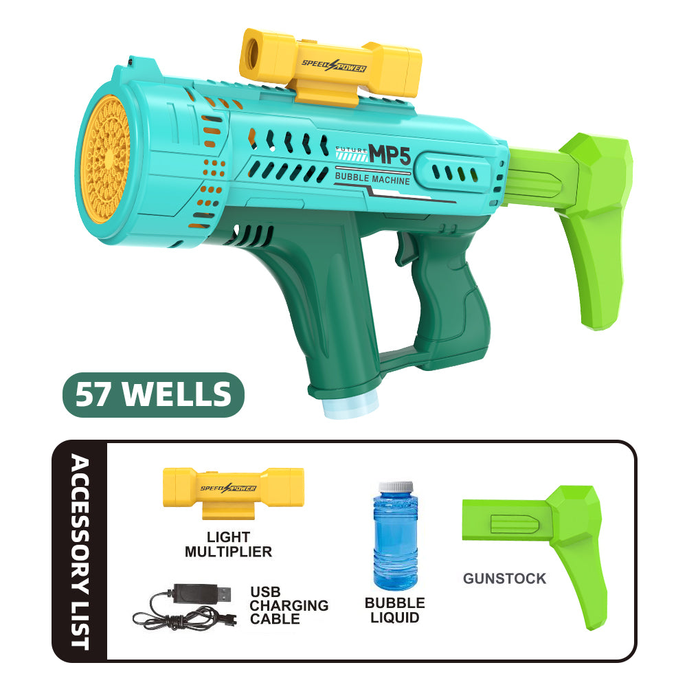 Pistola de burbujas eléctrica con 57 agujeros, juguete de burbujas automático portátil MP5 Gatling, luces LED incluidas