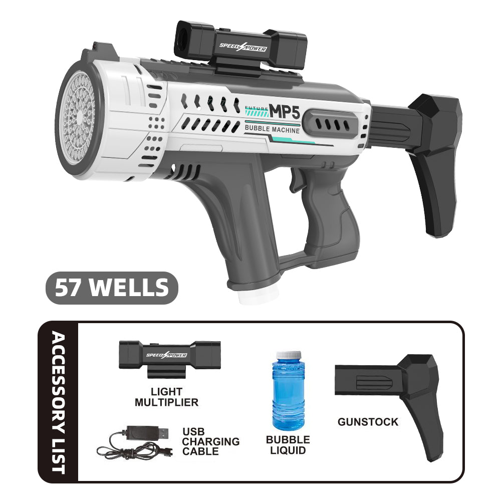 Pistola de burbujas eléctrica con 57 agujeros, juguete de burbujas automático portátil MP5 Gatling, luces LED incluidas