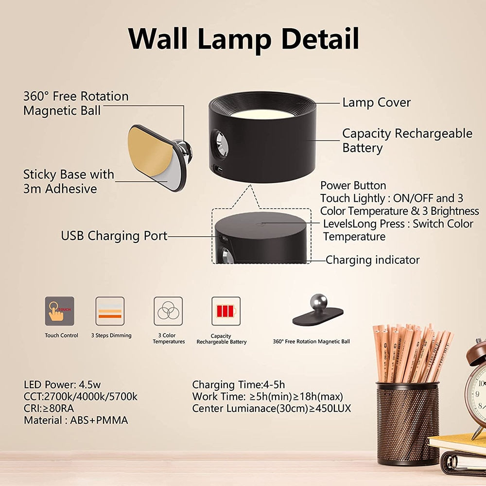 Lámpara de pared LED recargable por USB