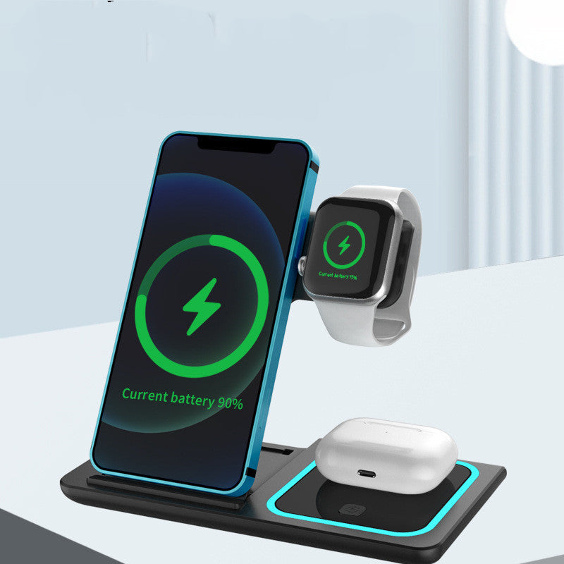 Cargador inalámbrico plegable tres en uno con luz ambiental de doble cable para teléfono móvil, reloj y auriculares