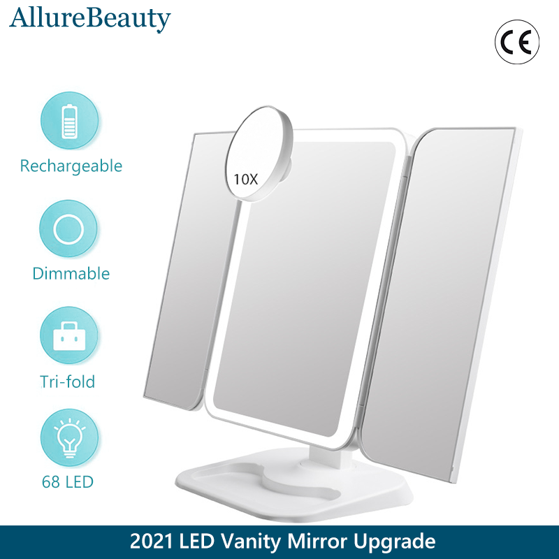Espejo de maquillaje triple con luz, 68 LED, espejo de tocador, aumento de 10X, rotación de 180 grados