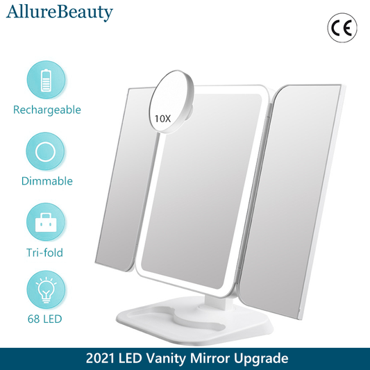 Espejo de maquillaje triple con luz, 68 LED, espejo de tocador, aumento de 10X, rotación de 180 grados