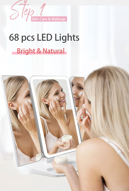 Espejo de maquillaje triple con luz, 68 LED, espejo de tocador, aumento de 10X, rotación de 180 grados