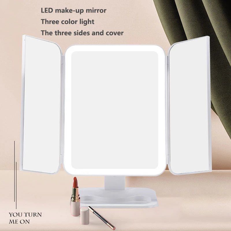 Espejo de maquillaje triple con luz, 68 LED, espejo de tocador, aumento de 10X, rotación de 180 grados