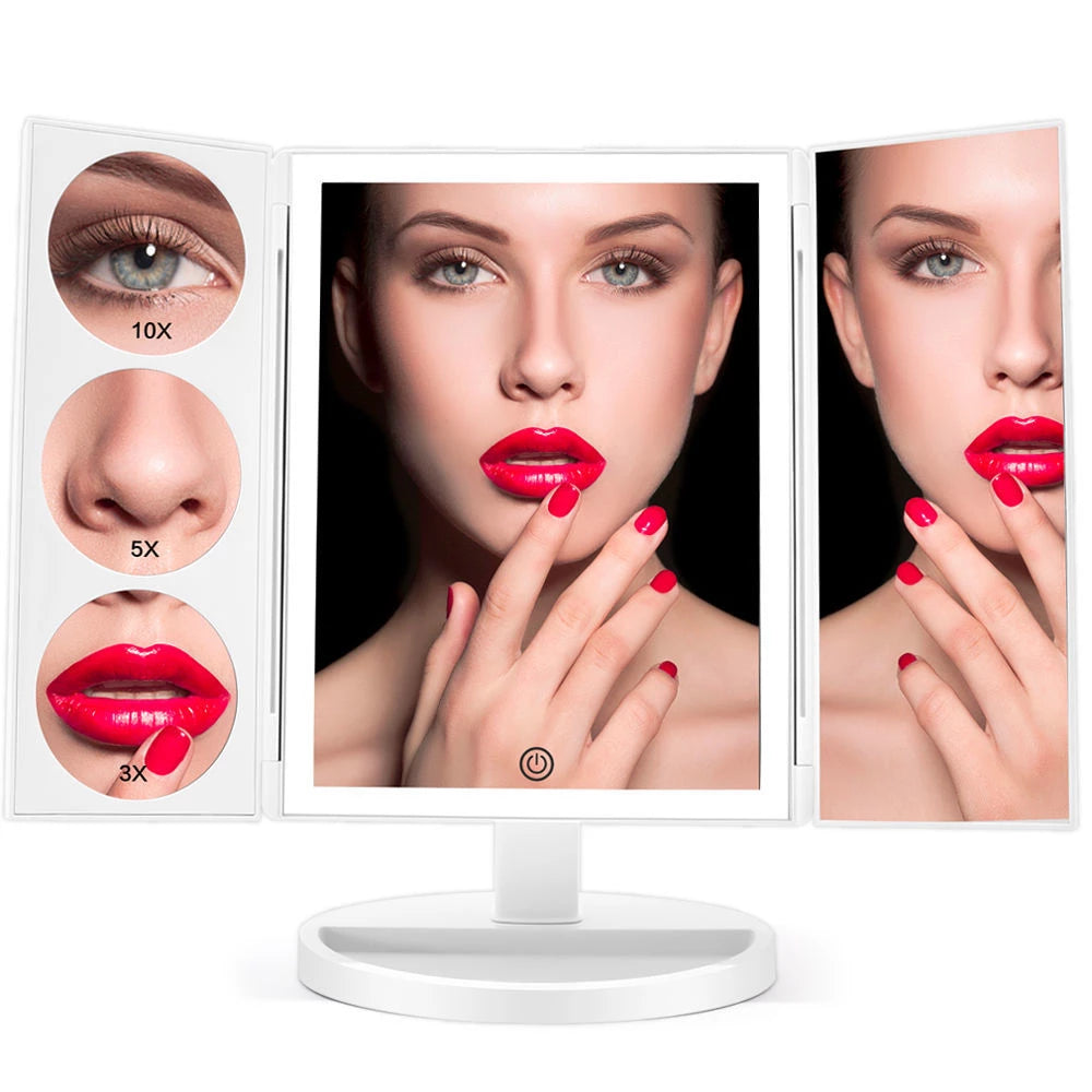 Espejo de maquillaje triple con luz, 68 LED, espejo de tocador, aumento de 10X, rotación de 180 grados