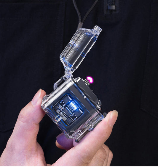 Encendedor de cigarrillos electrónico de doble arco, resistente al agua, con carcasa transparente y USB