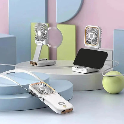 Tragbarer 3-in-1-Nackenventilator: Ventilator, Powerbank, Telefonständer