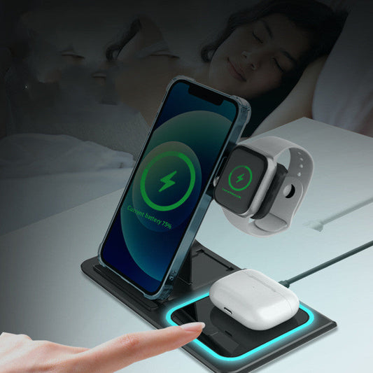 Cargador inalámbrico plegable tres en uno con luz ambiental de doble cable para teléfono móvil, reloj y auriculares