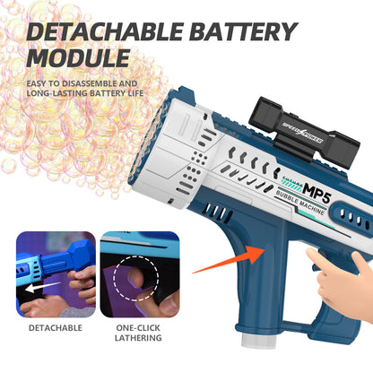 Pistola de burbujas eléctrica con 57 agujeros, juguete de burbujas automático portátil MP5 Gatling, luces LED incluidas