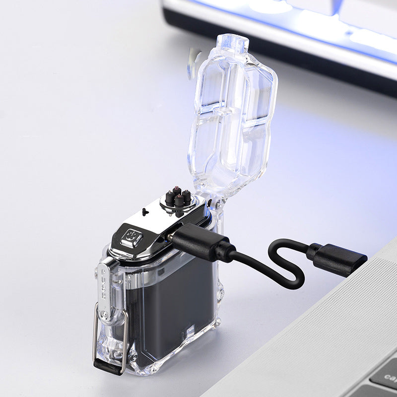 Encendedor de cigarrillos electrónico de doble arco, resistente al agua, con carcasa transparente y USB