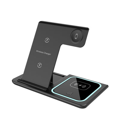 Cargador inalámbrico plegable tres en uno con luz ambiental de doble cable para teléfono móvil, reloj y auriculares