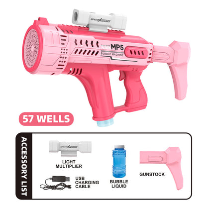 Pistola de burbujas eléctrica con 57 agujeros, juguete de burbujas automático portátil MP5 Gatling, luces LED incluidas