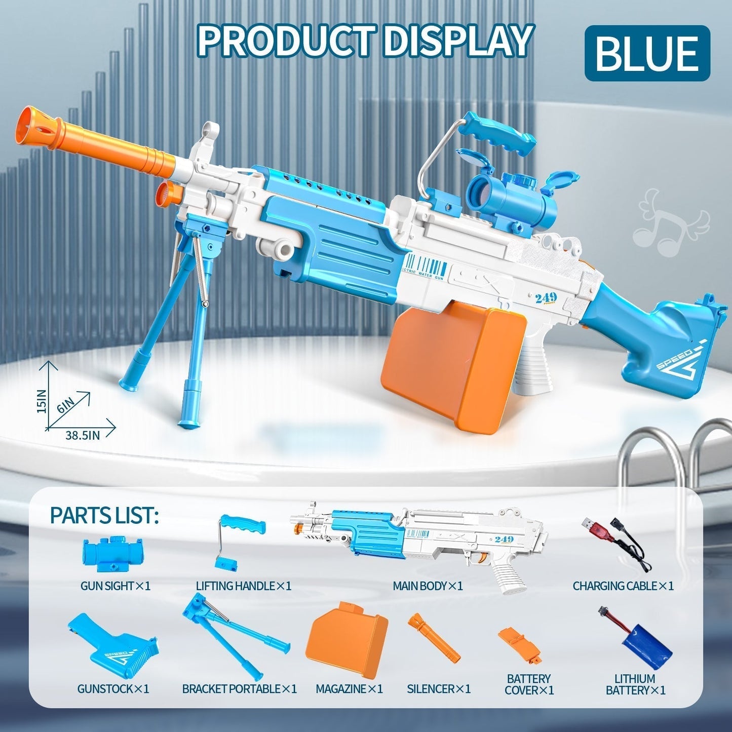 Youcheertoy M249 - Pistola de agua eléctrica de gran capacidad, juguete automático para remojo en agua, 14+