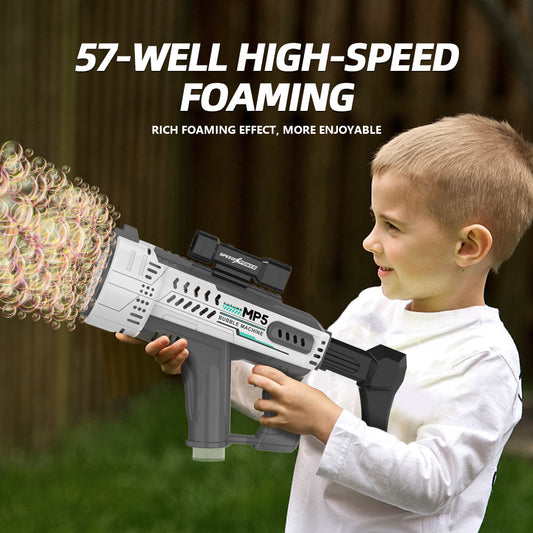 Pistola de burbujas eléctrica con 57 agujeros, juguete de burbujas automático portátil MP5 Gatling, luces LED incluidas